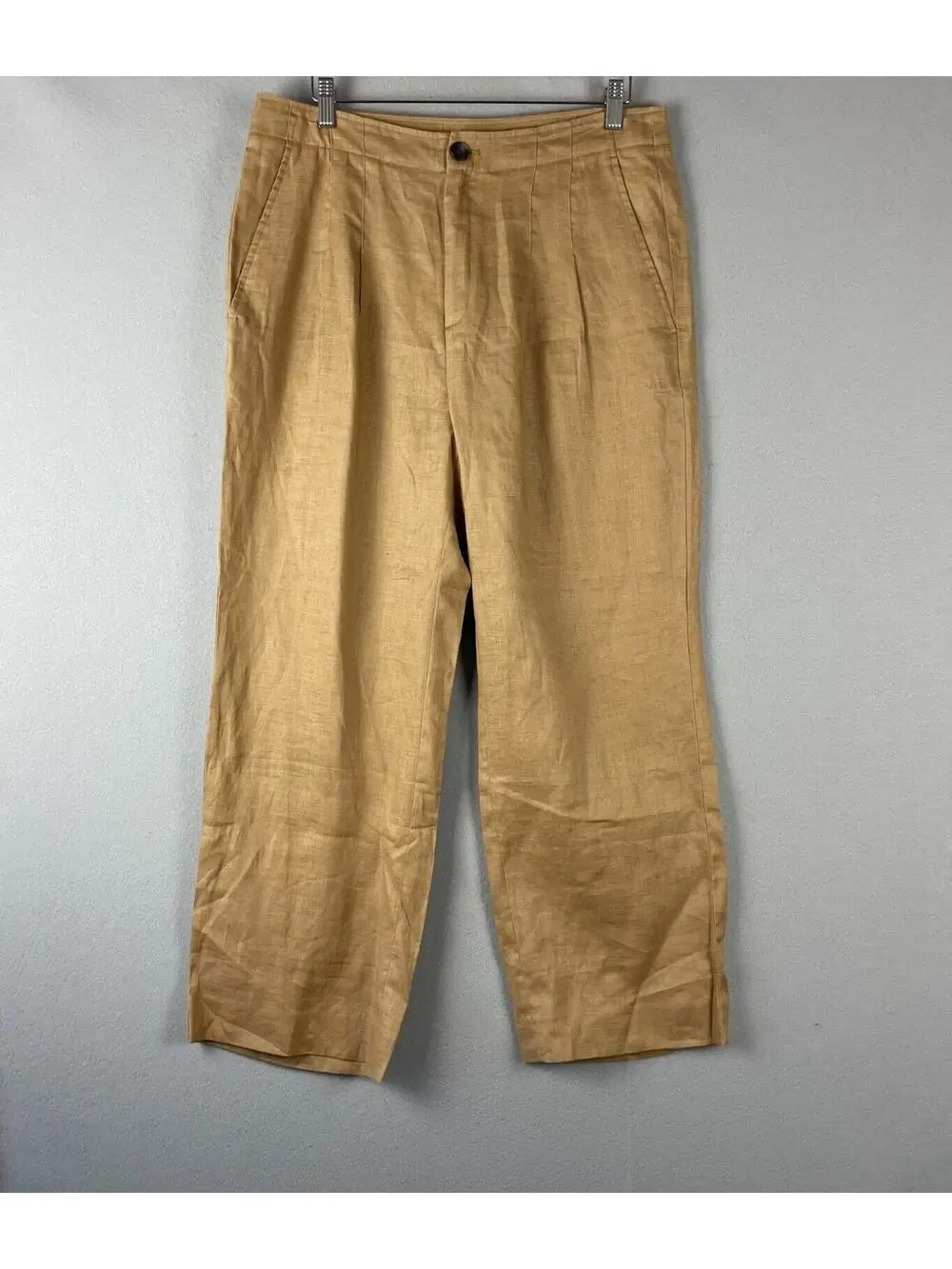Banana Republic Linen Pant Women 12 Short 12S Latte Tan Wide Leg Pleated Classic